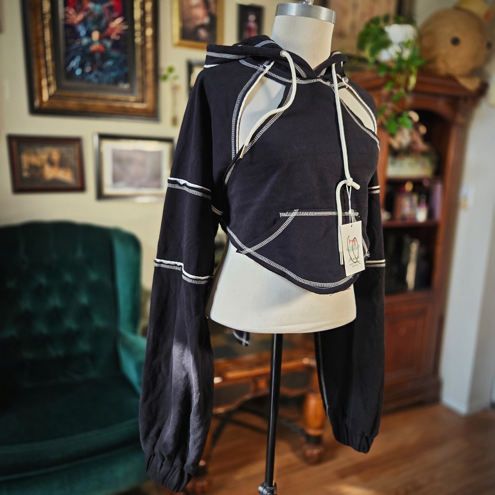 Dream Architect Cropped Hoodie Black Contrast Stitch Avant Garde Techwear L‎